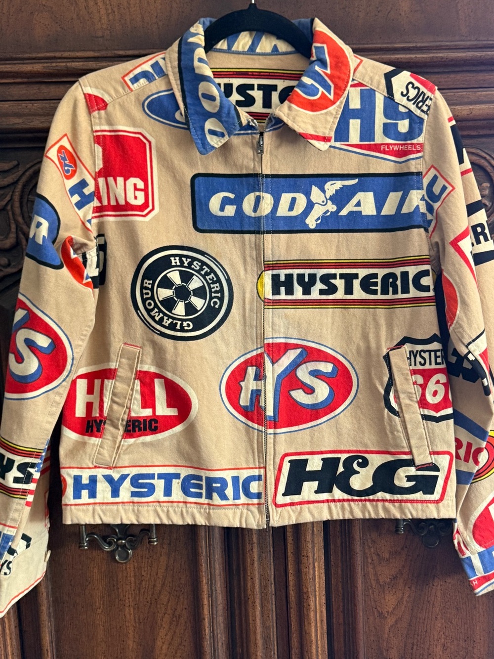 Hysteric Glamour Beige Patch Logo Jean Jacket with Red & Blue Graphics